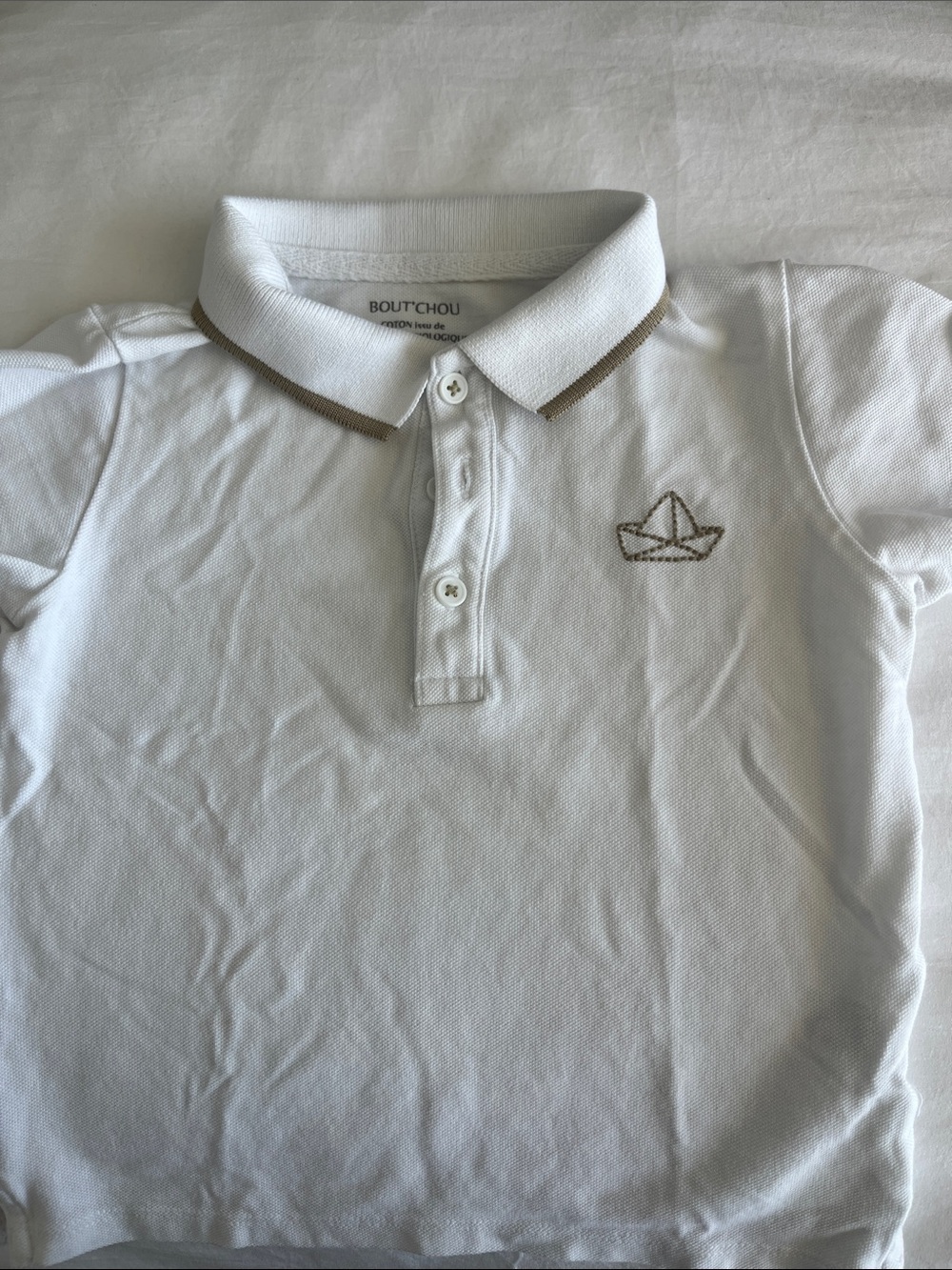 Bout’chou White Polo Shirt with Tan Trim - Kids Button Down